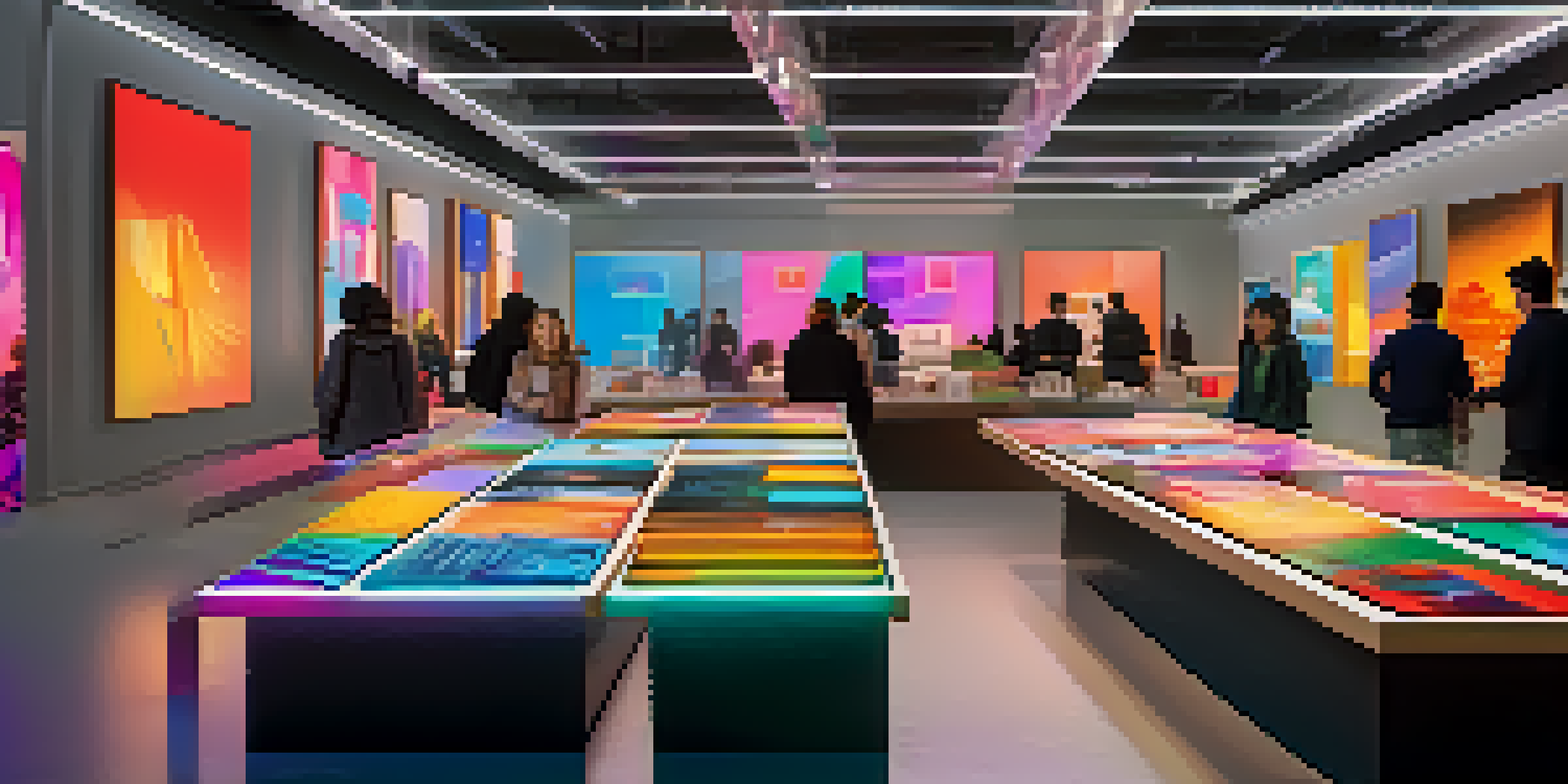 A modern digital art marketplace with colorful NFTs displayed in sleek frames and people exploring the artworks.