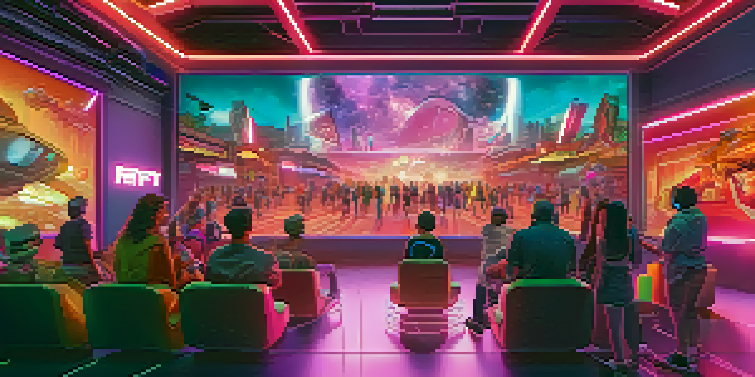 A futuristic cinema scene with fans enjoying virtual reality experiences and colorful holographic displays of NFTs.