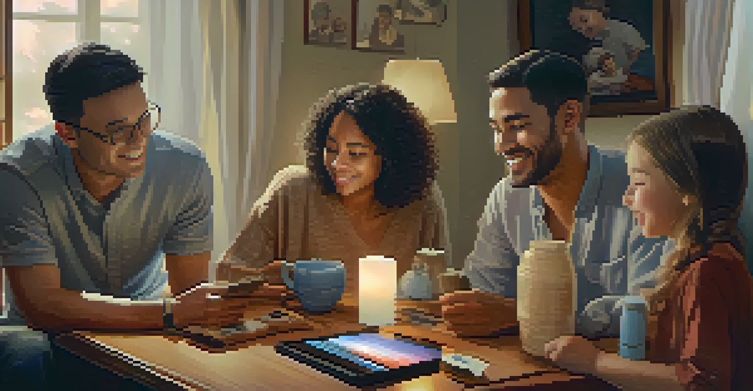 A family gathered around a table, looking at a digital device displaying cherished NFTs with warmth and engagement.
