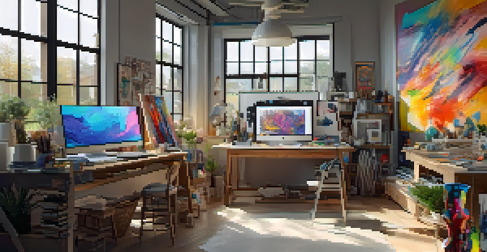A bright digital art studio showcasing colorful abstract artworks and an artist's workstation filled with art supplies and a computer displaying NFT designs.