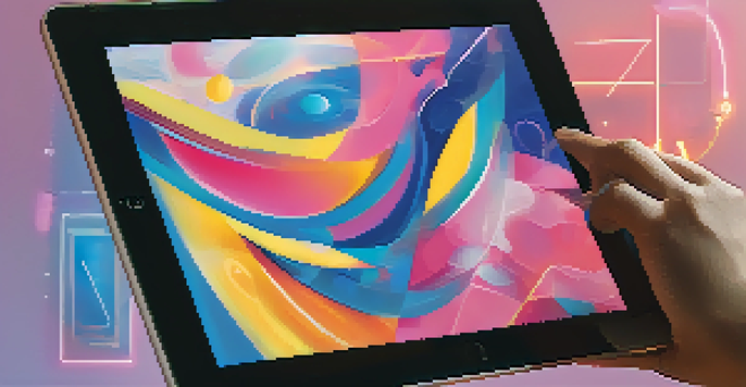 A close-up view of a colorful digital artwork on a tablet, with an artist's hand interacting with the screen.