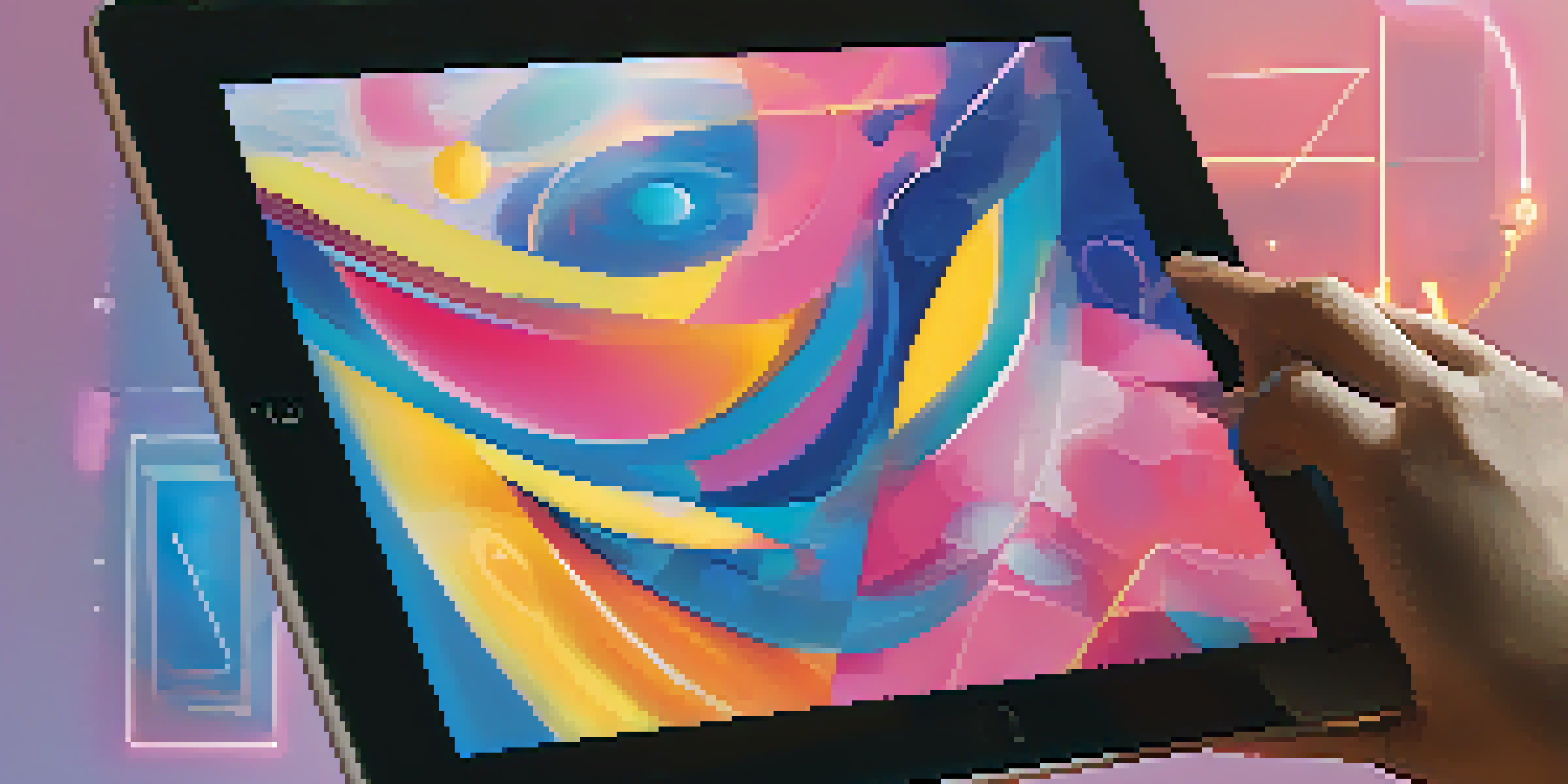 A close-up view of a colorful digital artwork on a tablet, with an artist's hand interacting with the screen.