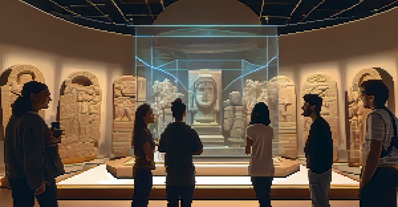 A virtual museum exhibit where students interact with holographic displays of NFTs representing ancient artifacts, set in a warmly lit environment.