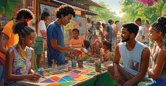 An artist working with a diverse group in an outdoor workshop, surrounded by cultural symbols and art supplies under warm sunlight.