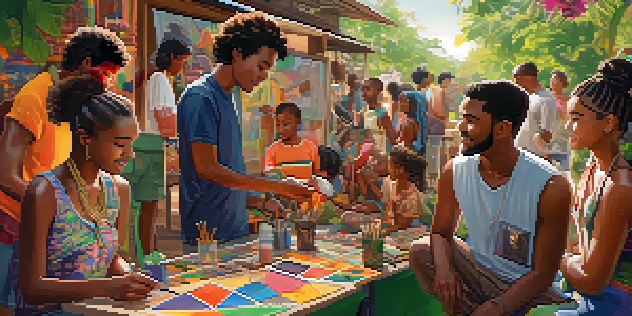An artist working with a diverse group in an outdoor workshop, surrounded by cultural symbols and art supplies under warm sunlight.