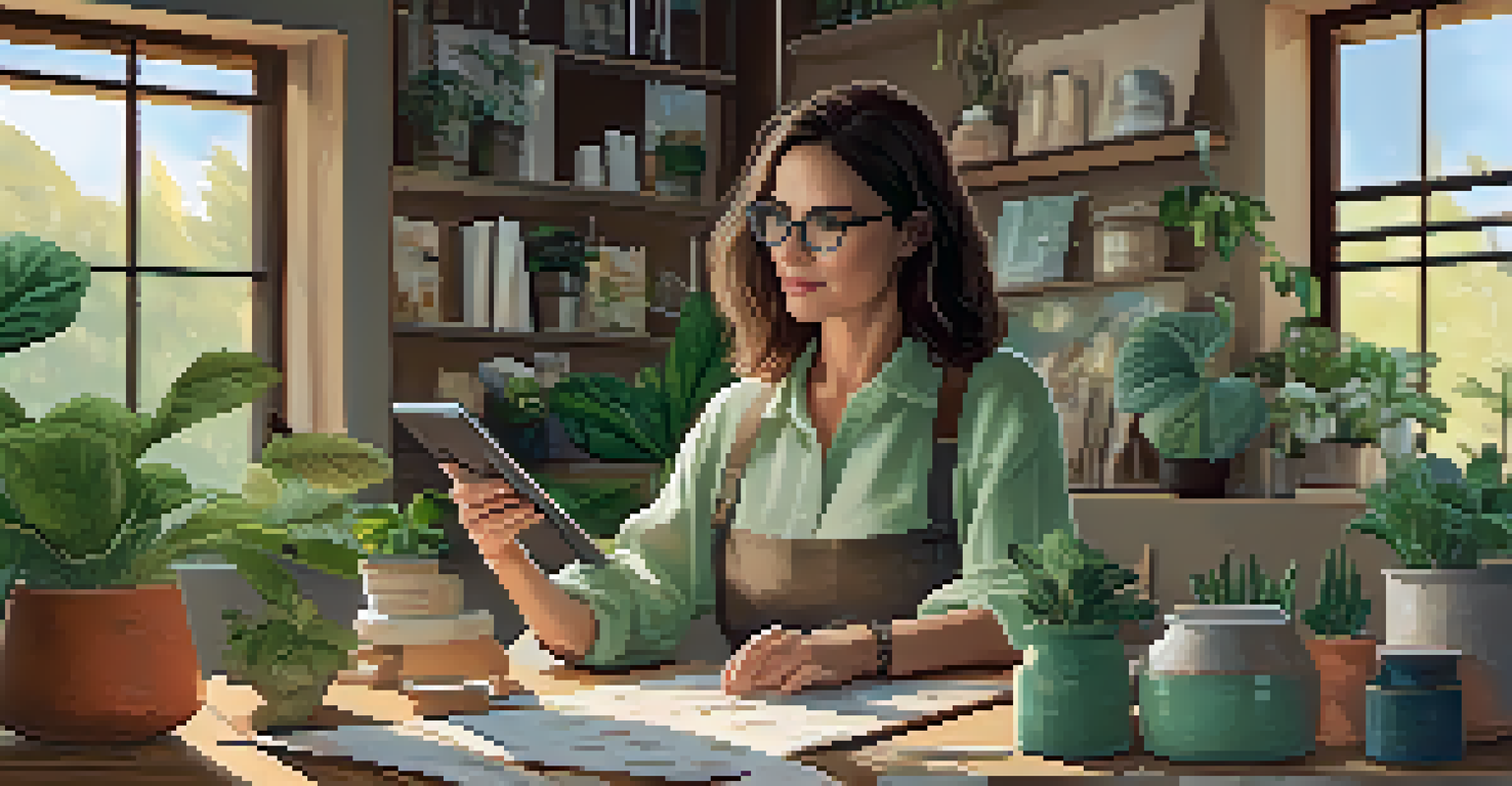 A digital artist creating NFTs in a bright, eco-friendly workspace filled with plants and natural materials.