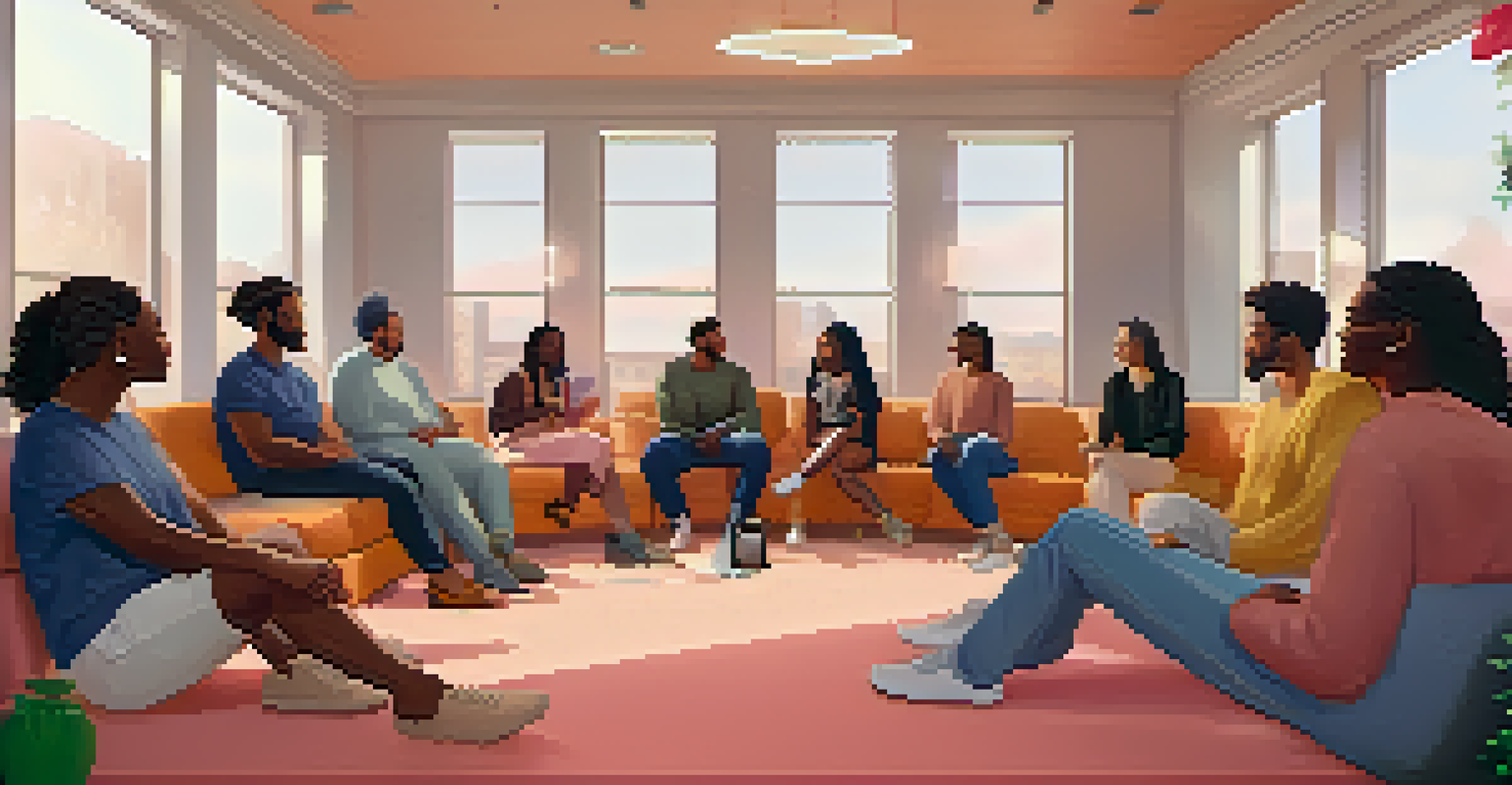 A virtual meeting of diverse individuals discussing mental health in a supportive NFT community setting.