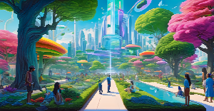 A vibrant digital landscape with avatars interacting with NFTs and futuristic buildings, surrounded by stylized trees.