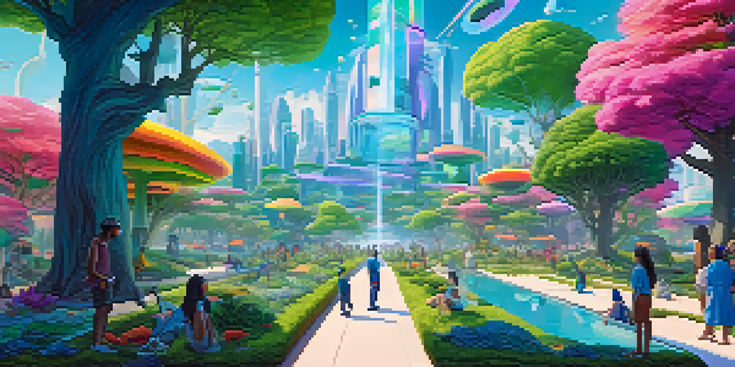 A vibrant digital landscape with avatars interacting with NFTs and futuristic buildings, surrounded by stylized trees.
