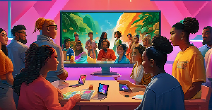 A diverse group of people collaborating around a screen displaying colorful NFTs, engaged in discussion in a warm and inviting atmosphere.