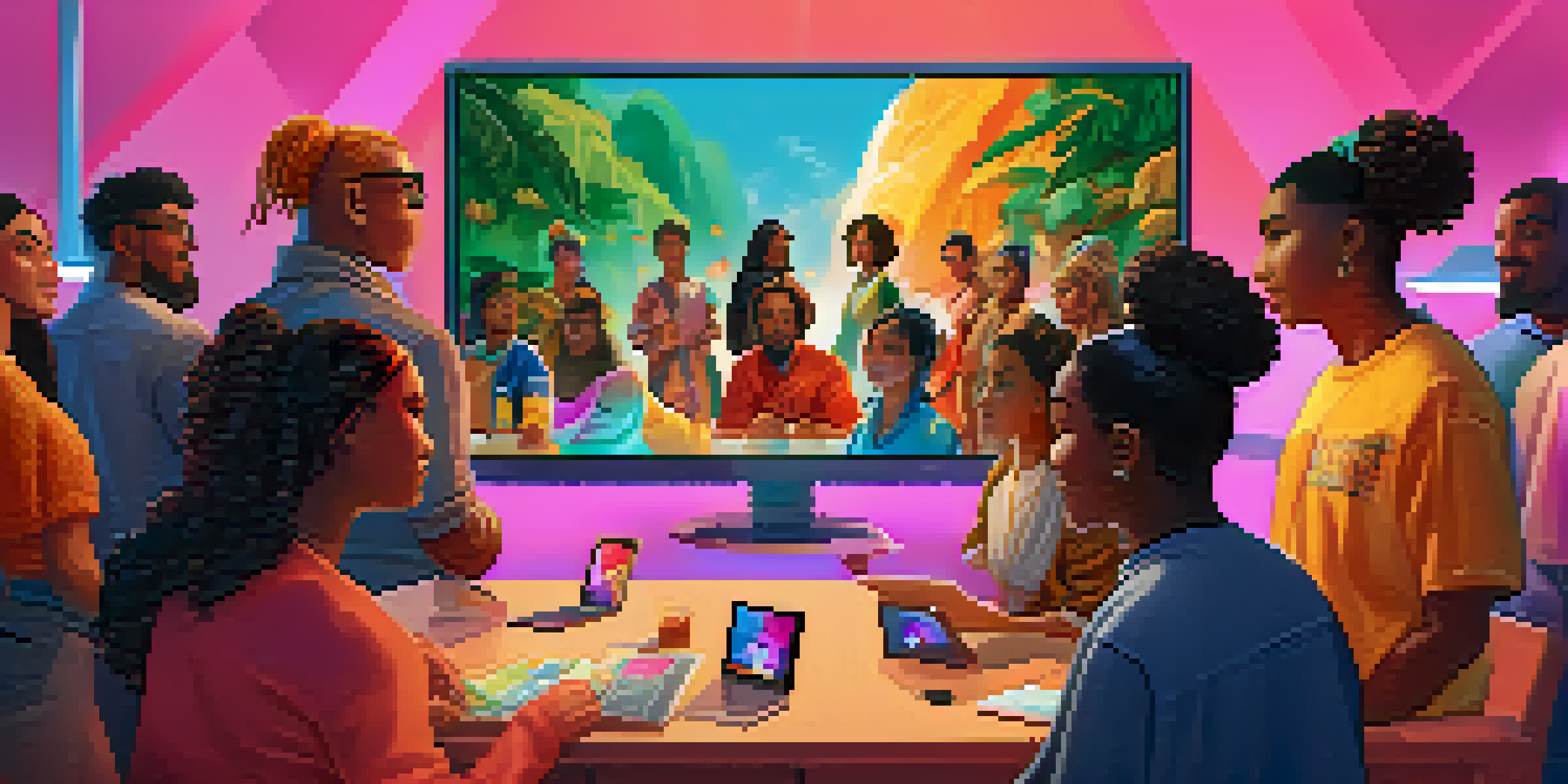 A diverse group of people collaborating around a screen displaying colorful NFTs, engaged in discussion in a warm and inviting atmosphere.