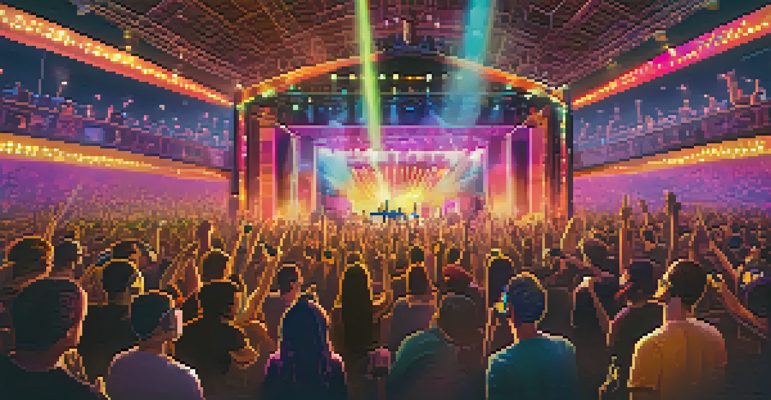 A lively virtual concert scene with fans enjoying the performance, holding glowing NFT tokens that represent backstage passes, amidst colorful lights.