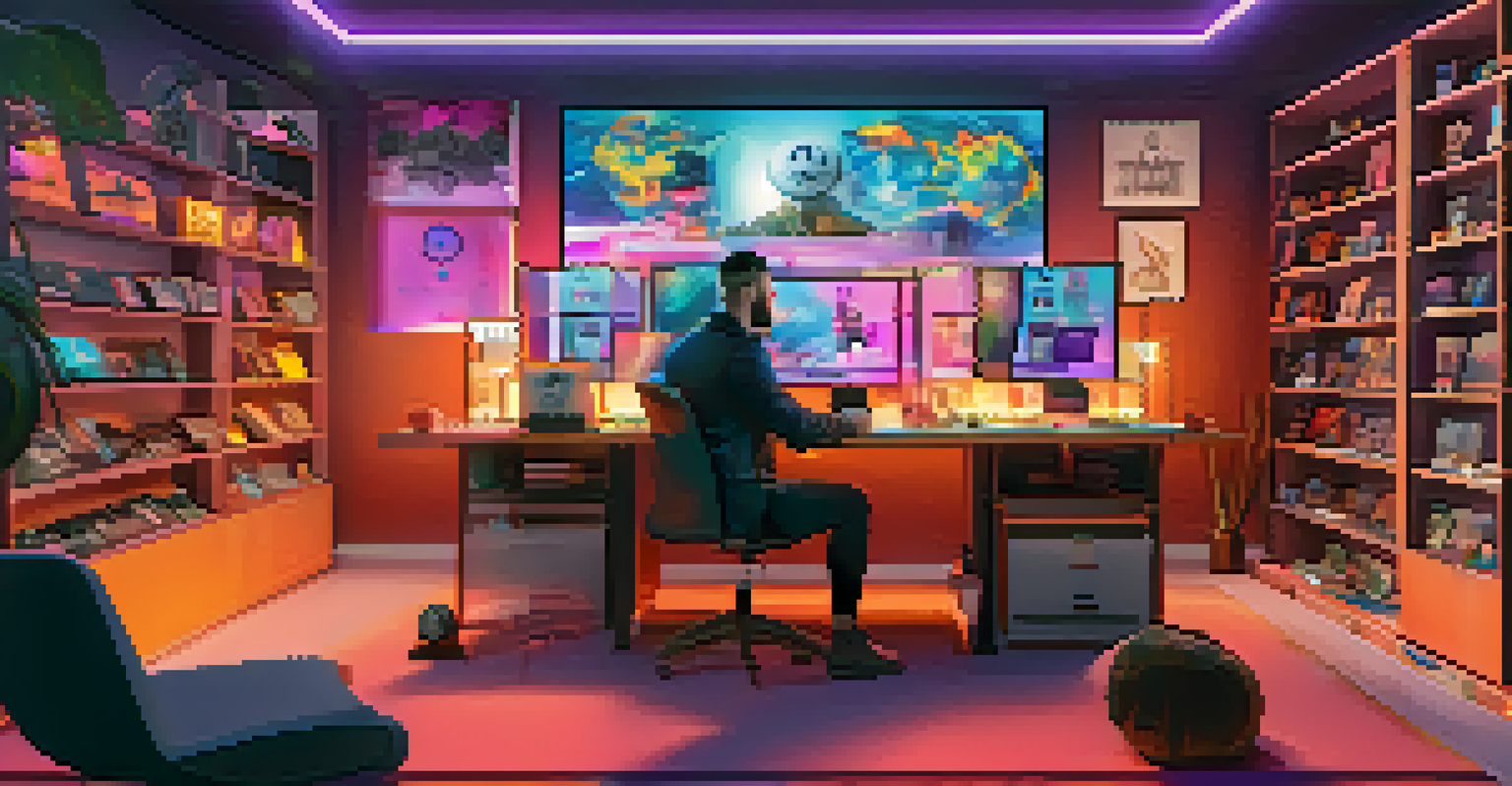 An influencer at a desk explaining NFTs in a modern studio, surrounded by NFT collectibles and vibrant graphics.