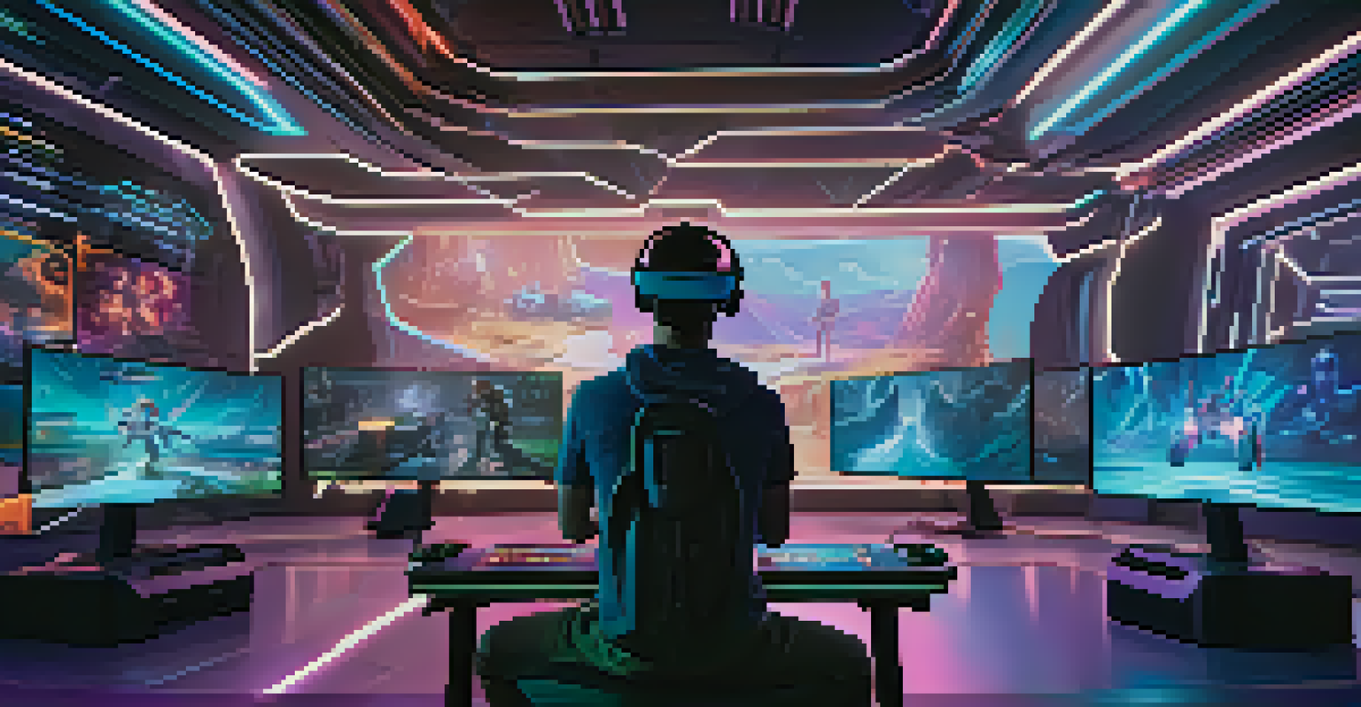 A gamer wearing a virtual reality headset in a futuristic room, surrounded by glowing holographic displays of in-game NFTs.