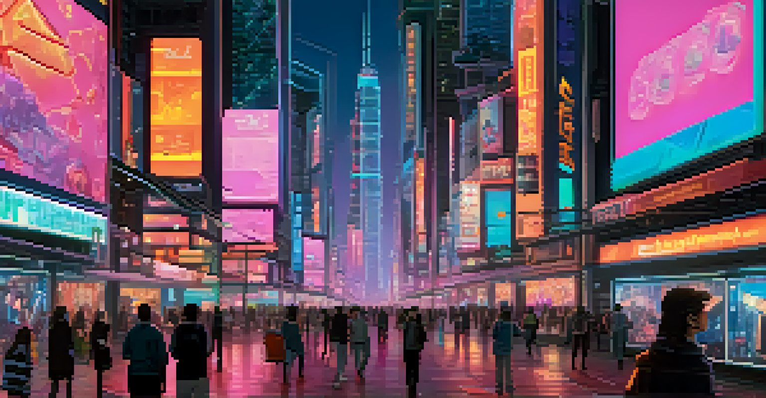 A futuristic cityscape with digital billboards showcasing NFT artworks and fluctuating gas fees, filled with virtual avatars and neon lights.