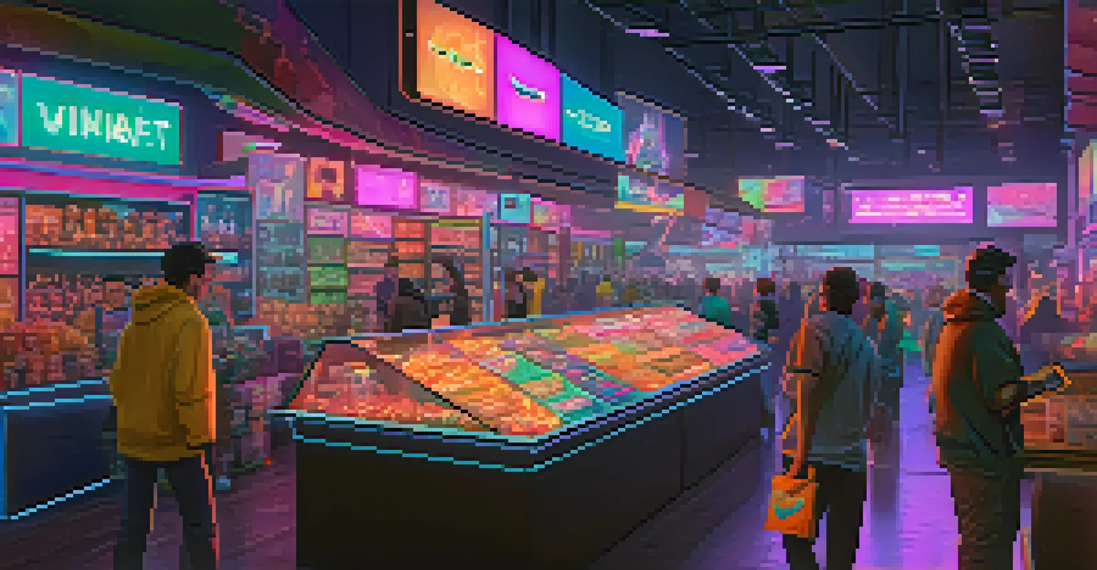 A digital marketplace bustling with players trading colorful NFTs in a vibrant atmosphere.