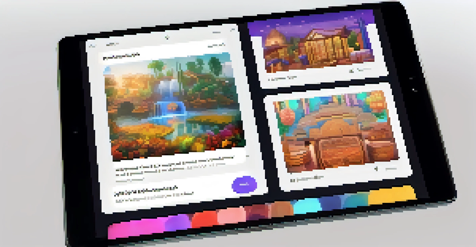 A tablet screen showing a user-friendly NFT marketplace with colorful artworks and purchase options, set in a cozy workspace.