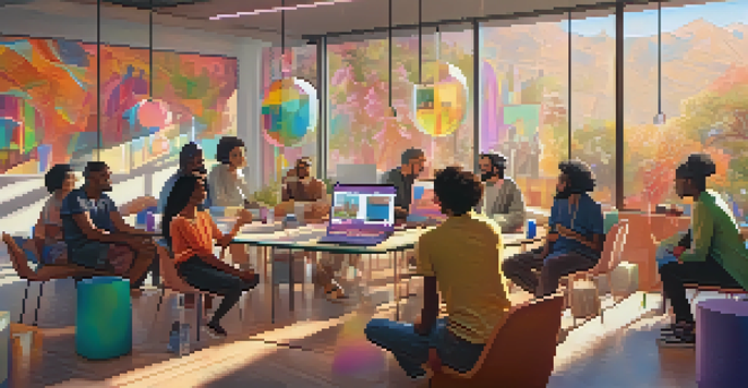A diverse group of people in a modern workspace discussing ideas about NFTs, with colorful digital artwork displayed on screens.