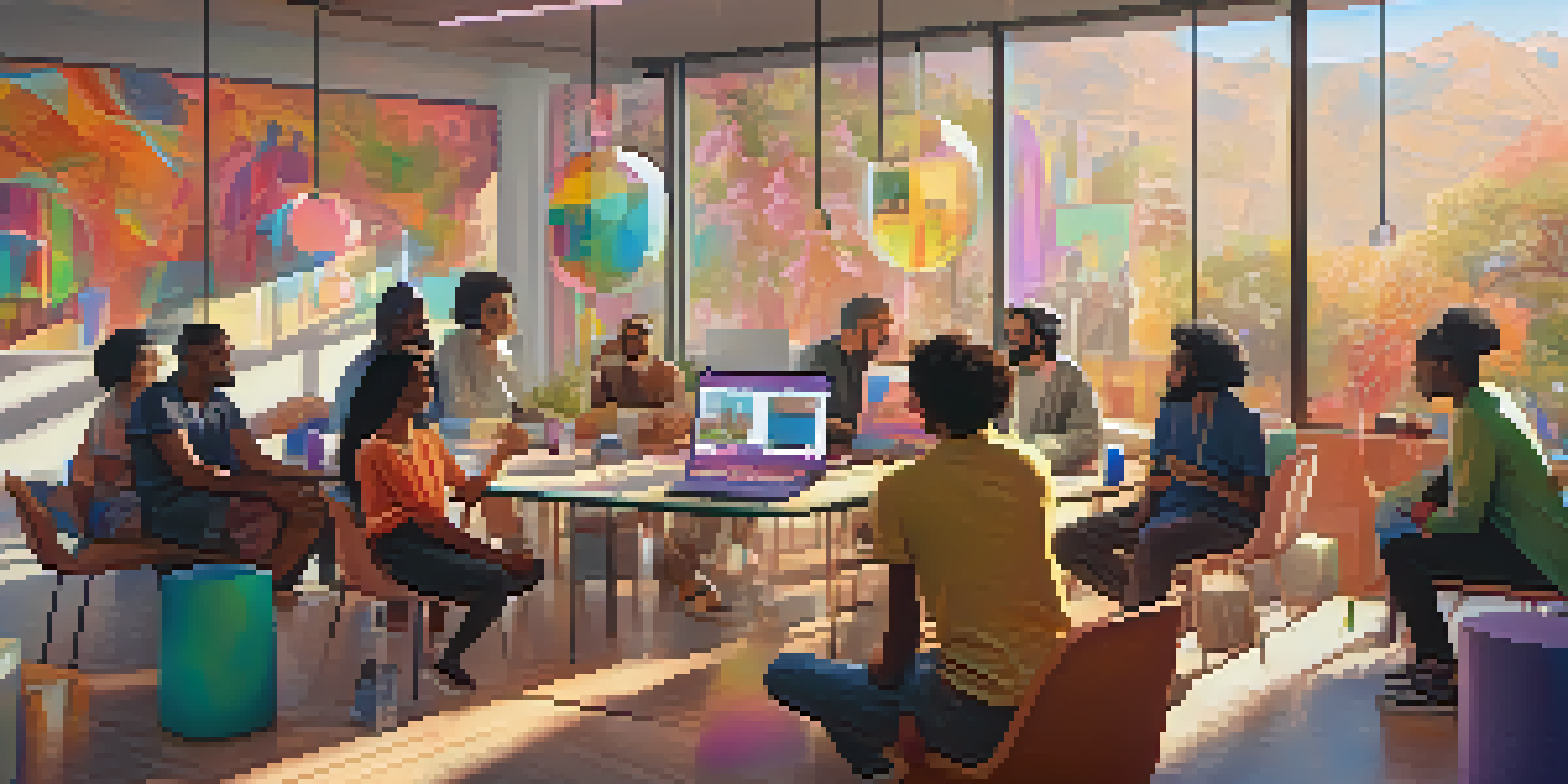 A diverse group of people in a modern workspace discussing ideas about NFTs, with colorful digital artwork displayed on screens.