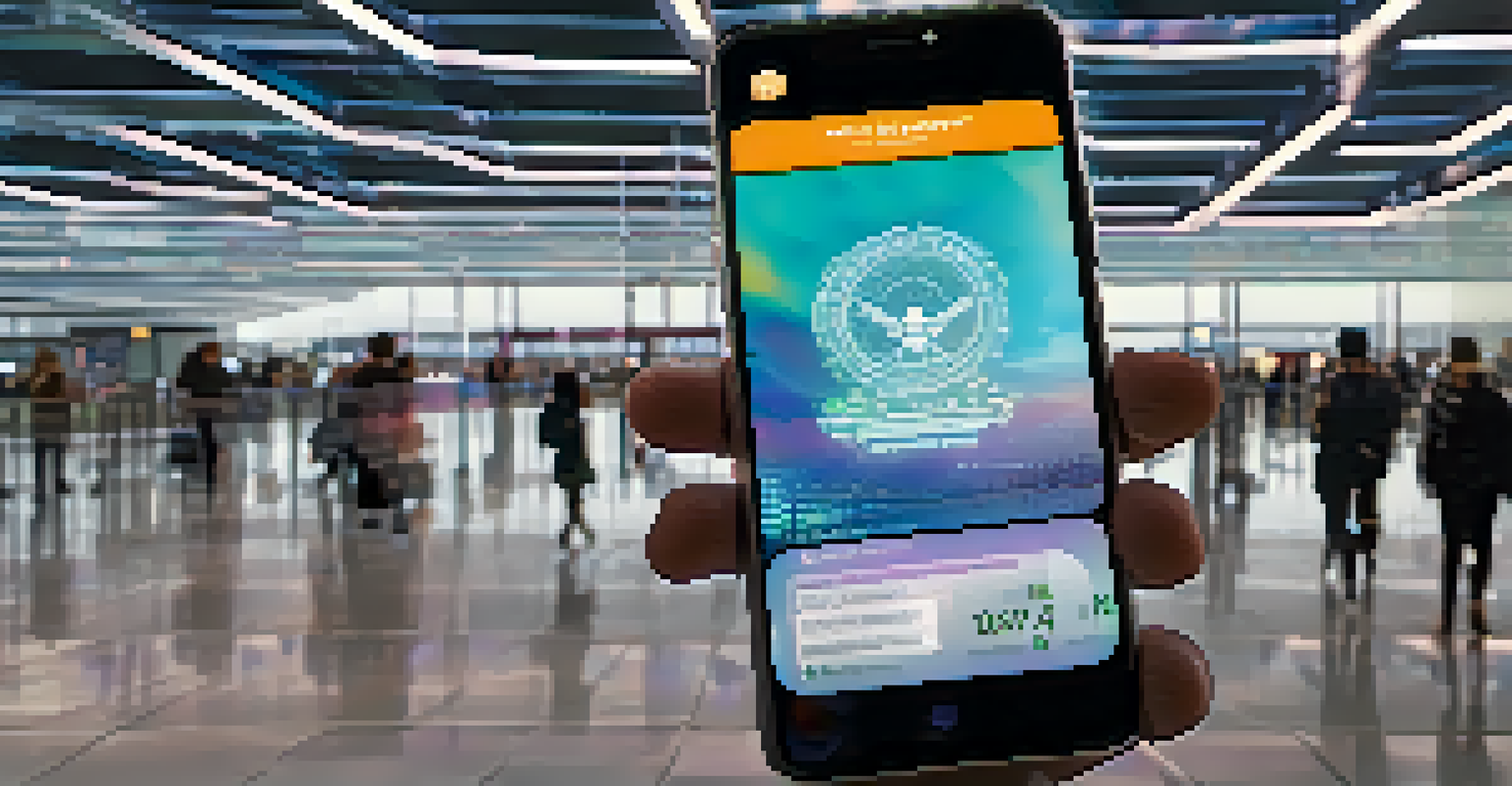 A digital passport NFT on a smartphone, with holographic effects, set against a busy airport backdrop.