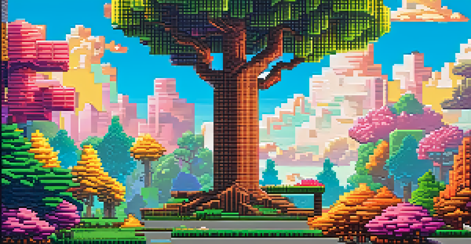 A pixel art character in a retro gaming environment with colorful 8-bit scenery.