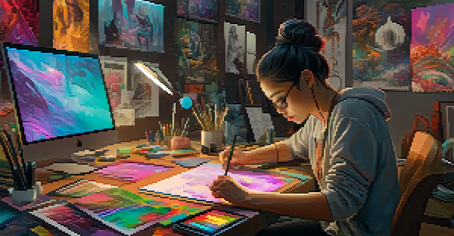 A digital artist concentrating on creating NFT art on a tablet, surrounded by colorful sketches.