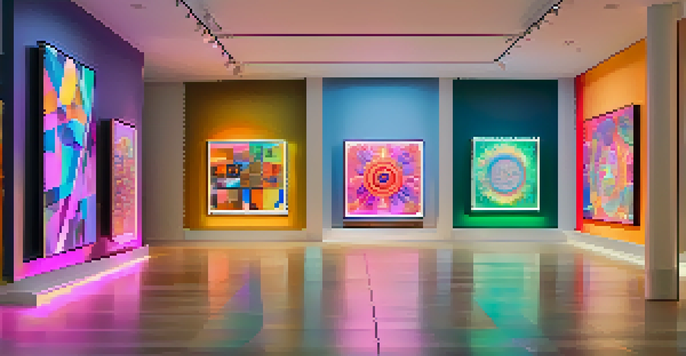 A gallery displaying colorful digital tokens representing NFTs, illuminated by soft lighting.