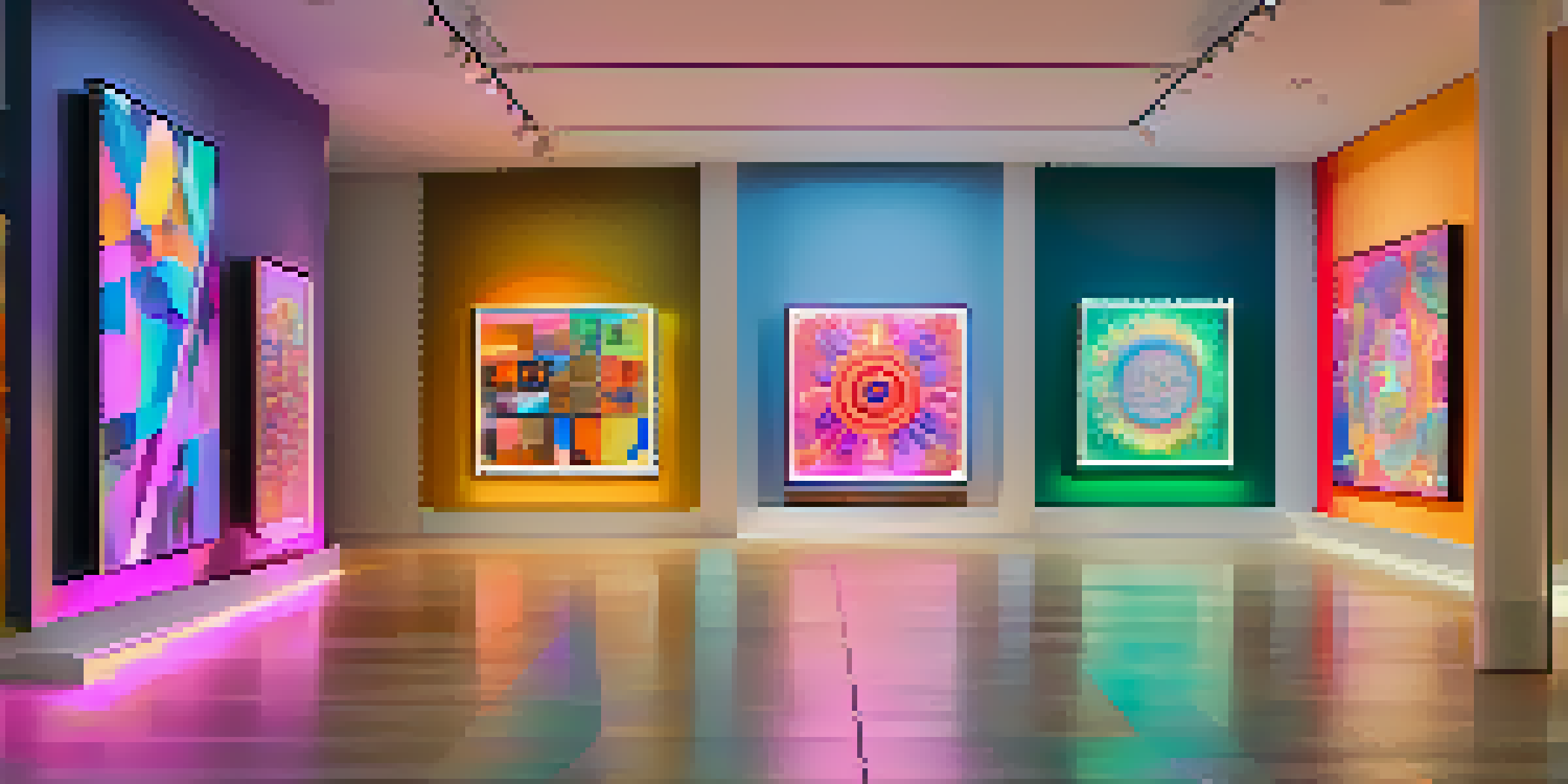 A gallery displaying colorful digital tokens representing NFTs, illuminated by soft lighting.