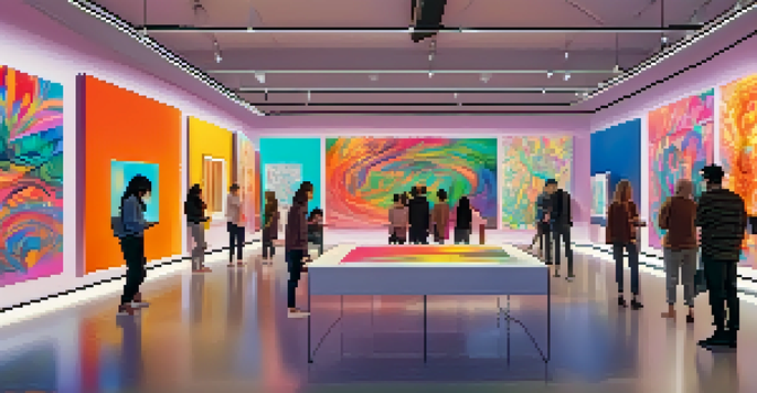 A digital art gallery filled with unique NFT artworks, featuring a diverse group of people interacting with the art.