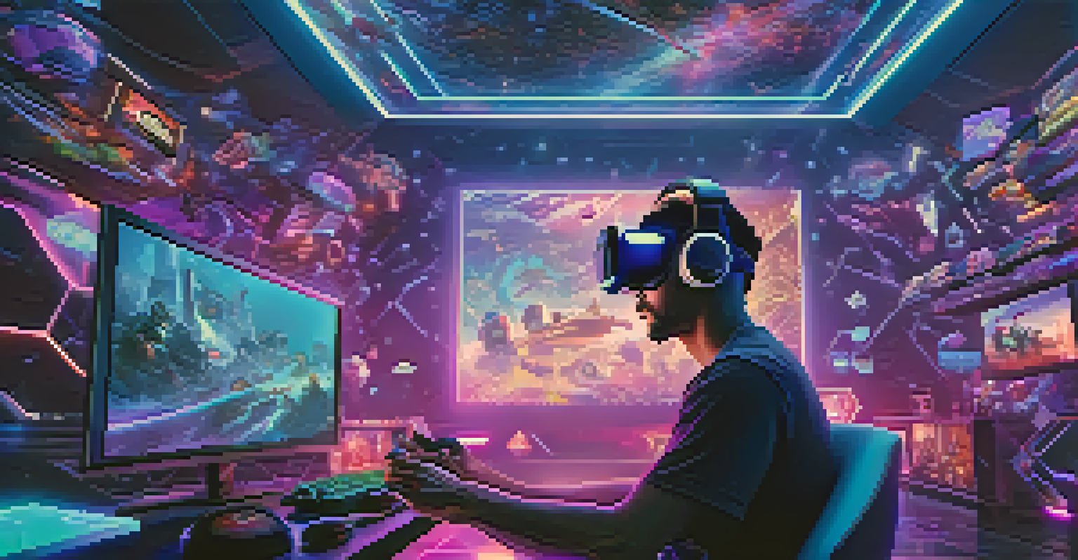 A gamer wearing a virtual reality headset, surrounded by holographic NFTs and esports memorabilia, creating an immersive digital experience.