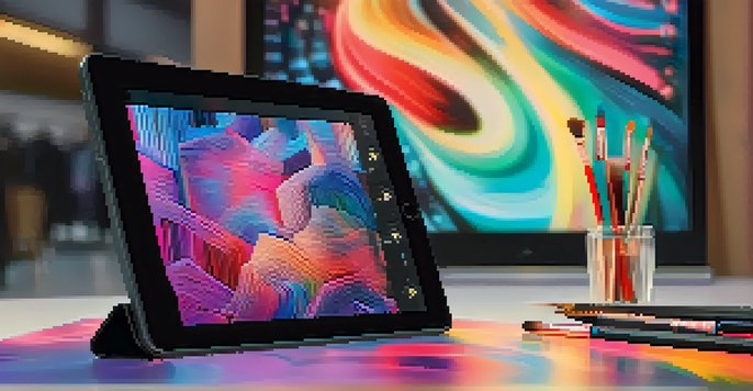 A close-up of a colorful digital artwork displayed on a modern tablet, showcasing the concept of NFTs, with a blurred background and soft lighting.