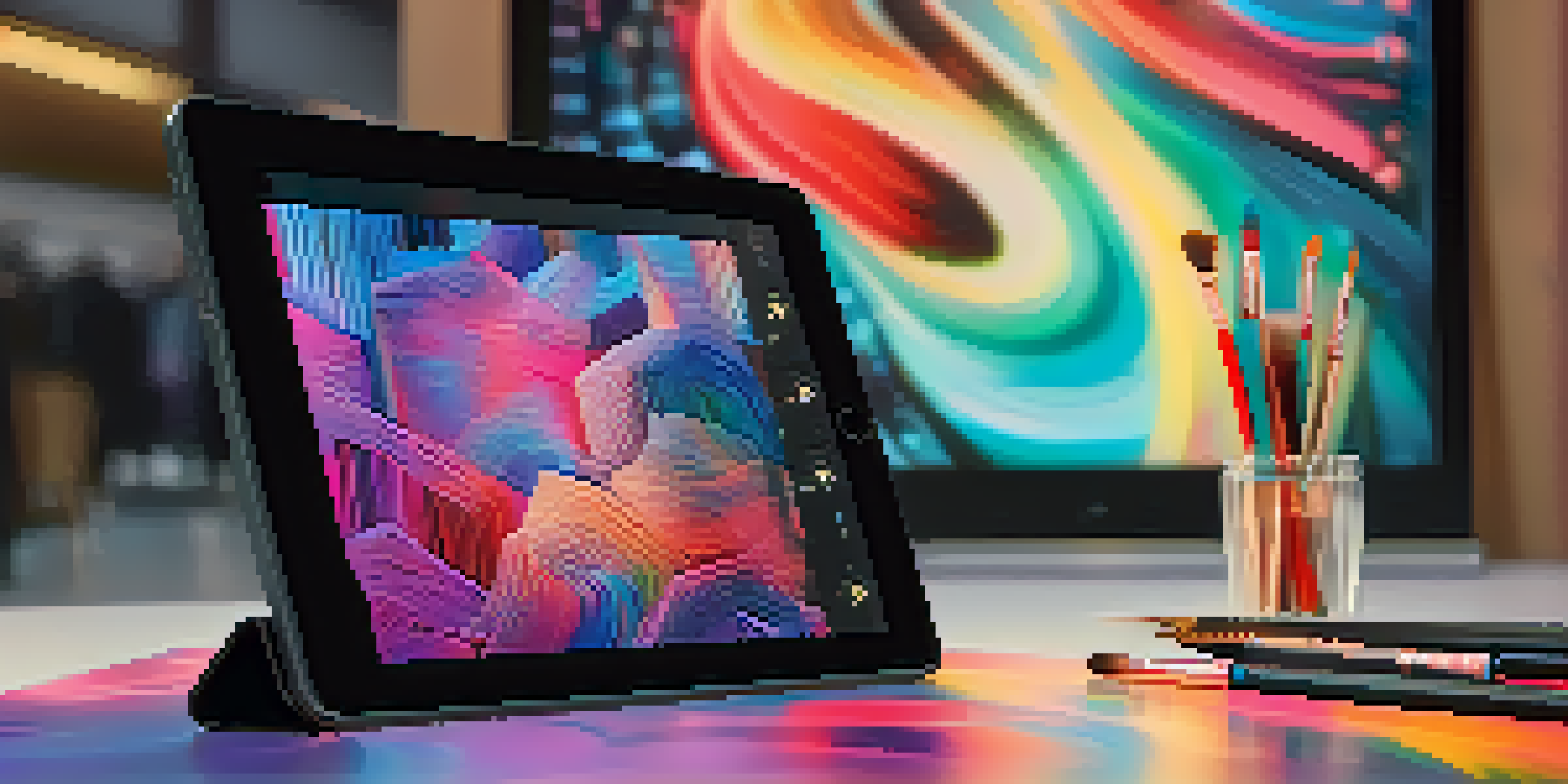 A close-up of a colorful digital artwork displayed on a modern tablet, showcasing the concept of NFTs, with a blurred background and soft lighting.