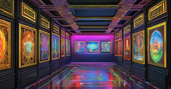 A digital gallery filled with colorful NFTs displayed in ornate frames against a glowing blockchain background.