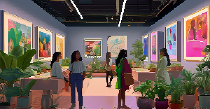 A digital art gallery filled with colorful screens displaying NFT artworks by women artists, with women of various ethnicities discussing the pieces.