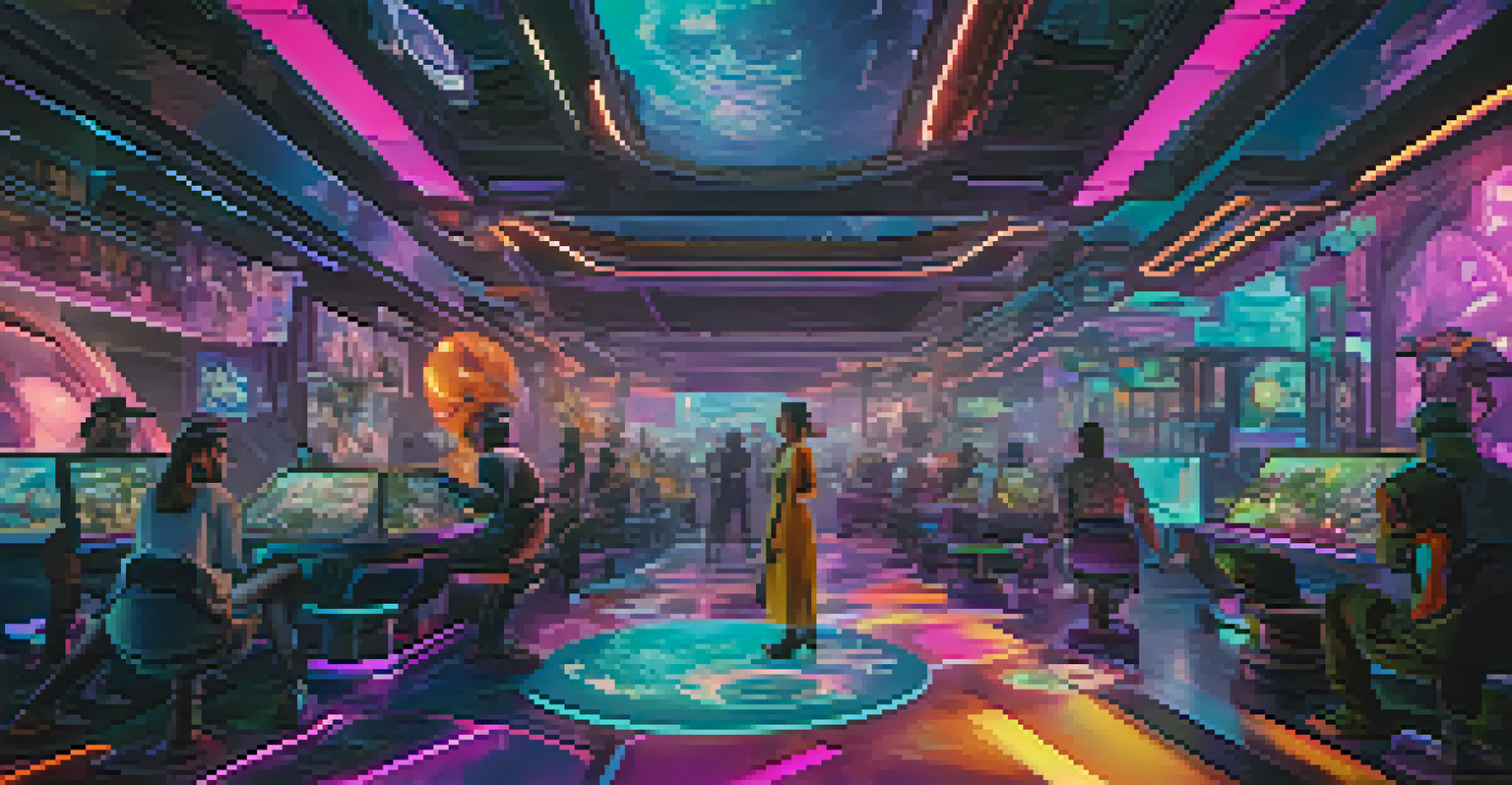 Players in a vibrant gaming environment interacting with NFT characters and items, showcasing a futuristic and colorful scene.