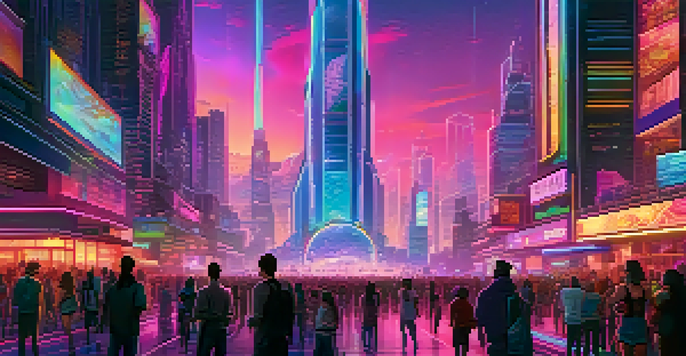 A futuristic city illuminated by neon lights, with people interacting with holographic NFTs in the air.