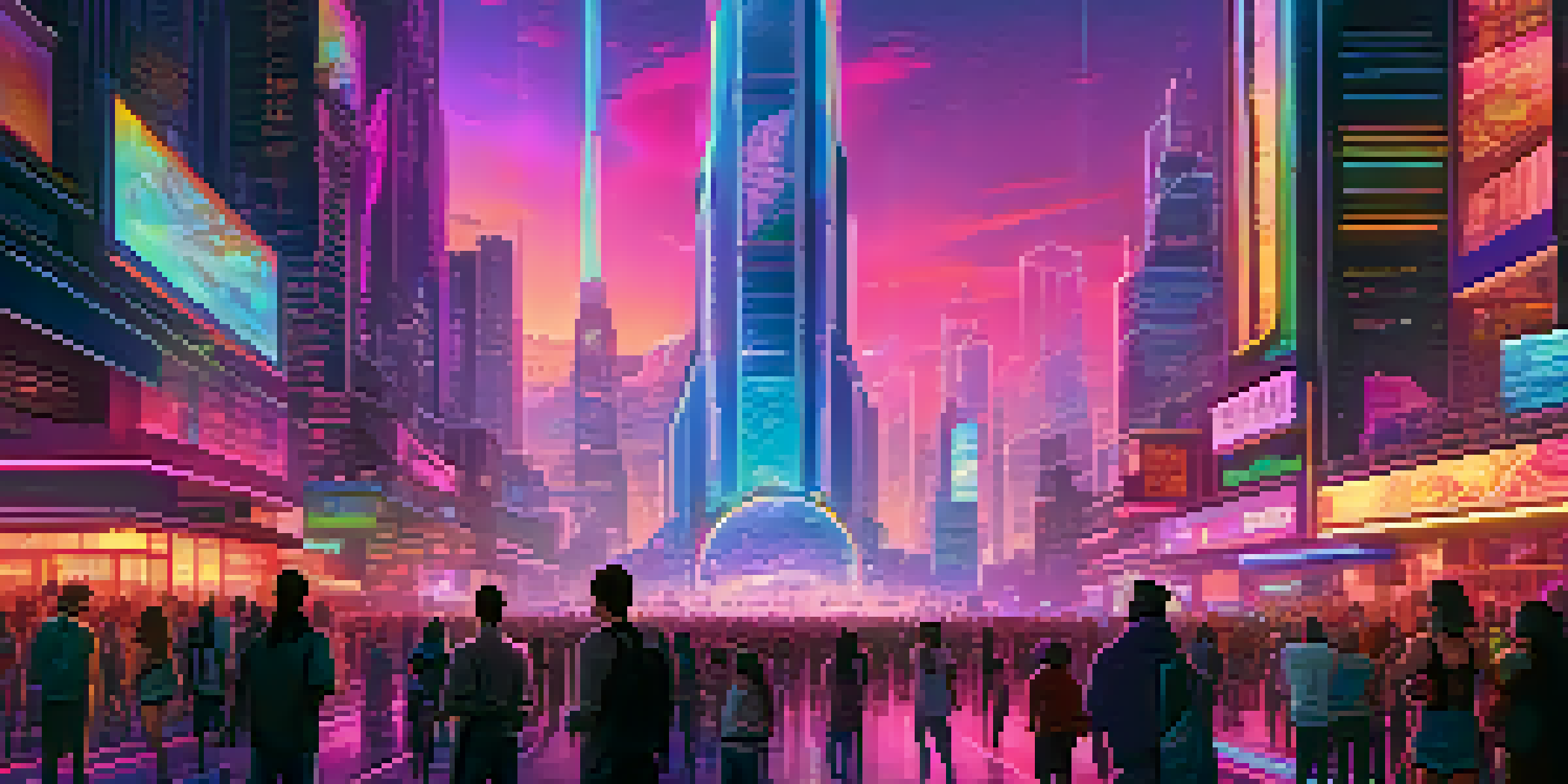 A futuristic city illuminated by neon lights, with people interacting with holographic NFTs in the air.