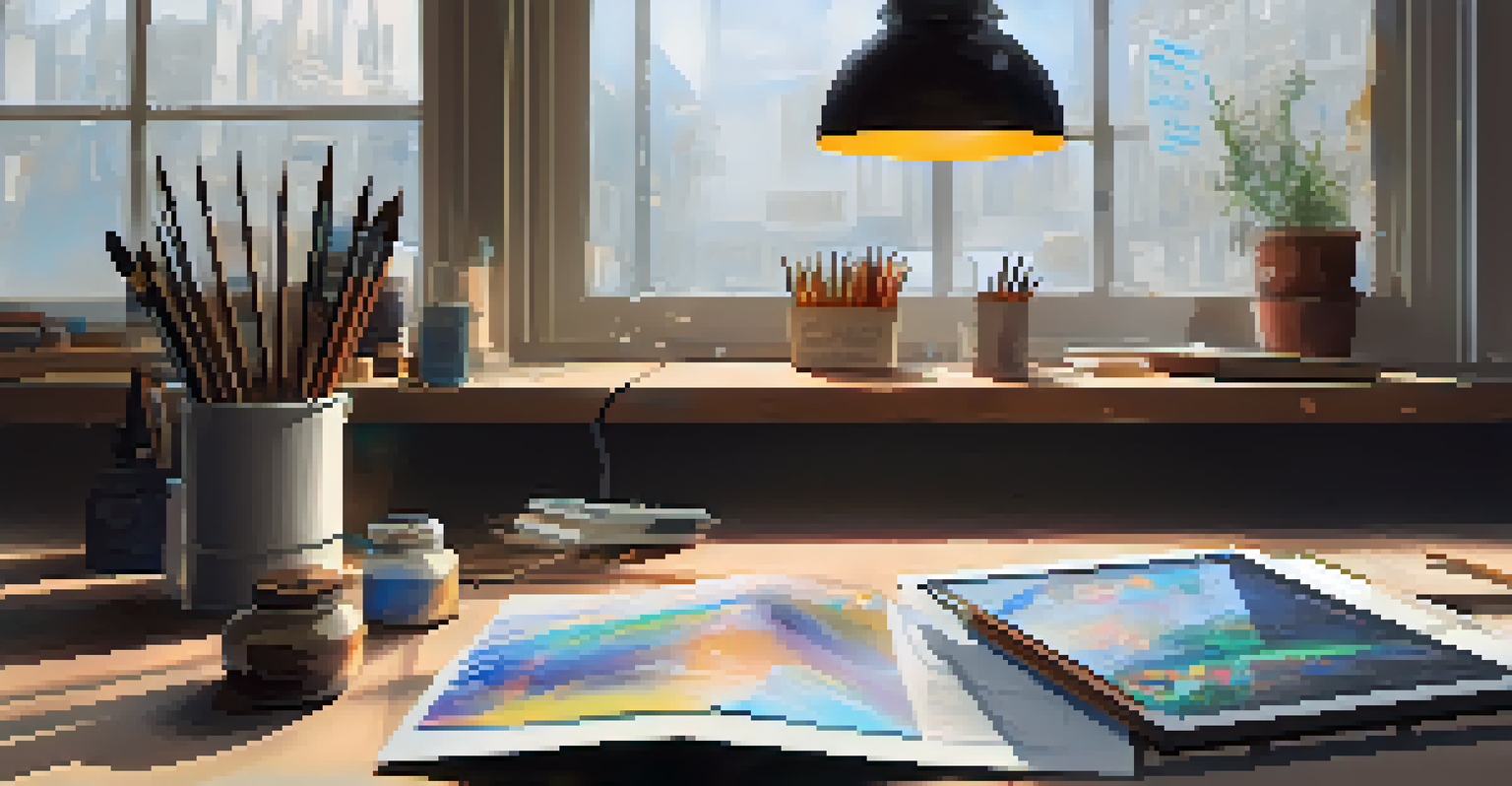 An artist's workspace showcasing sketches and a digital tablet with an NFT artwork, illuminated by natural light.