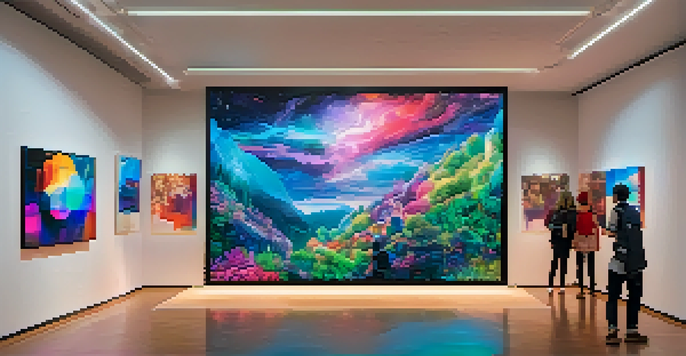 A digital art gallery filled with colorful NFT artworks displayed on large screens, with visitors admiring the pieces under soft ambient lighting.