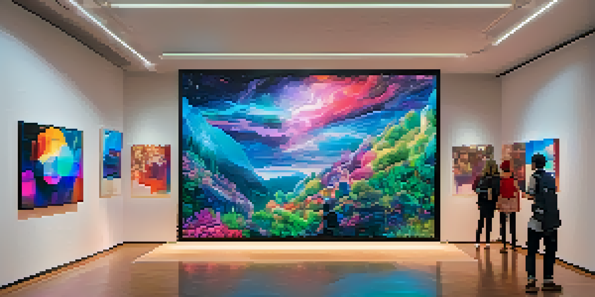 A digital art gallery filled with colorful NFT artworks displayed on large screens, with visitors admiring the pieces under soft ambient lighting.