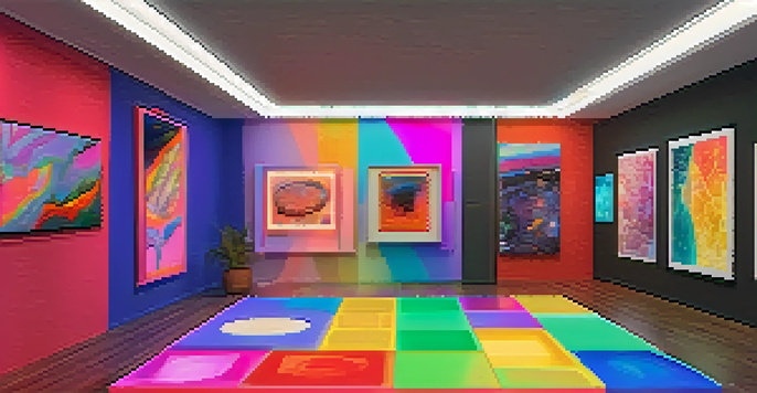 A digital art gallery displaying various colorful NFTs on virtual screens with ambient lighting.
