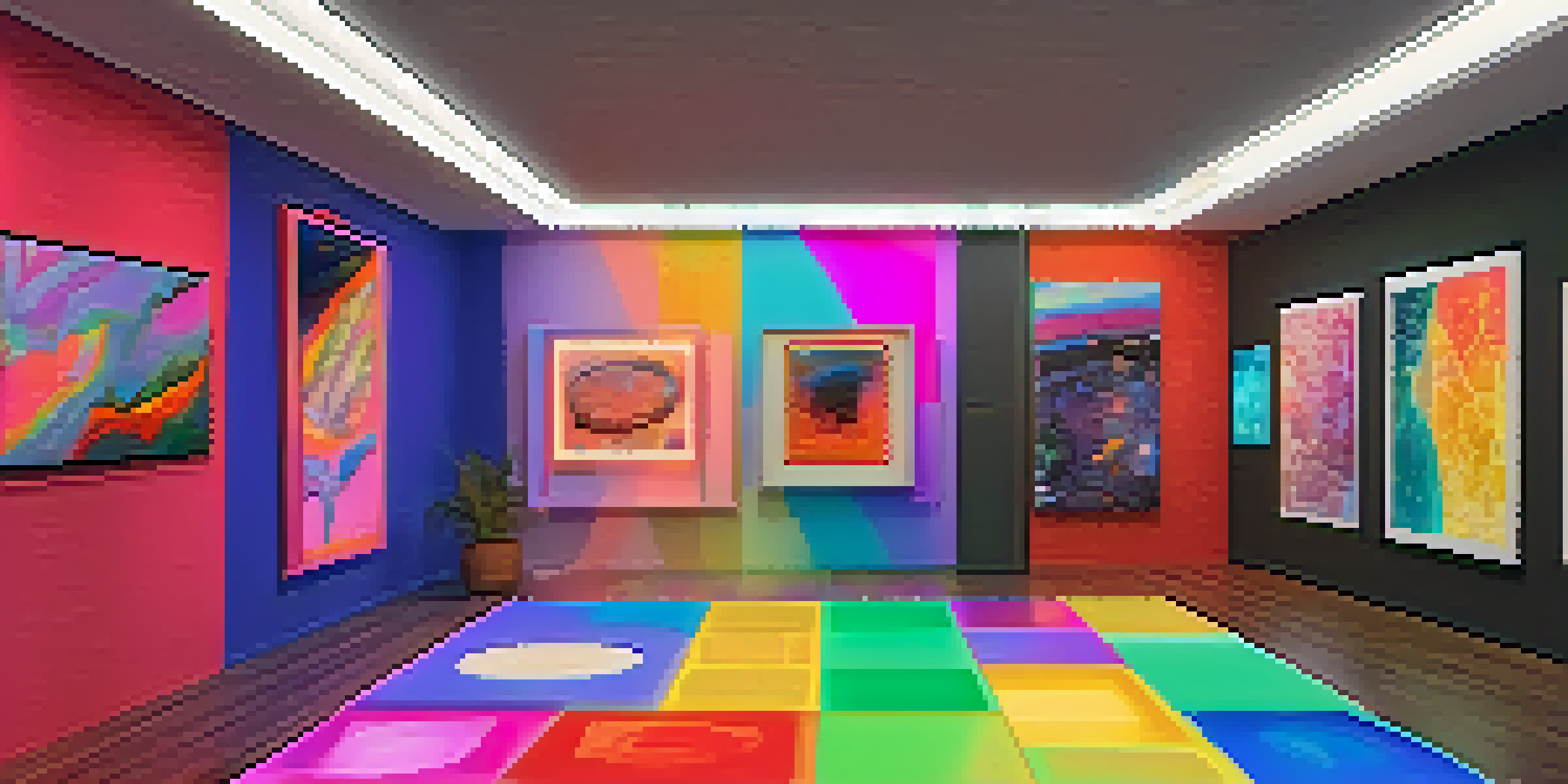 A digital art gallery displaying various colorful NFTs on virtual screens with ambient lighting.
