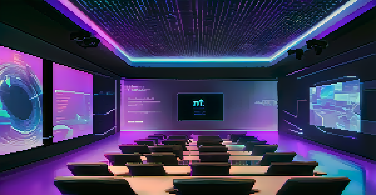 A futuristic virtual conference with holographic speakers and an audience of NFT holders, illuminated with blue and purple lights.