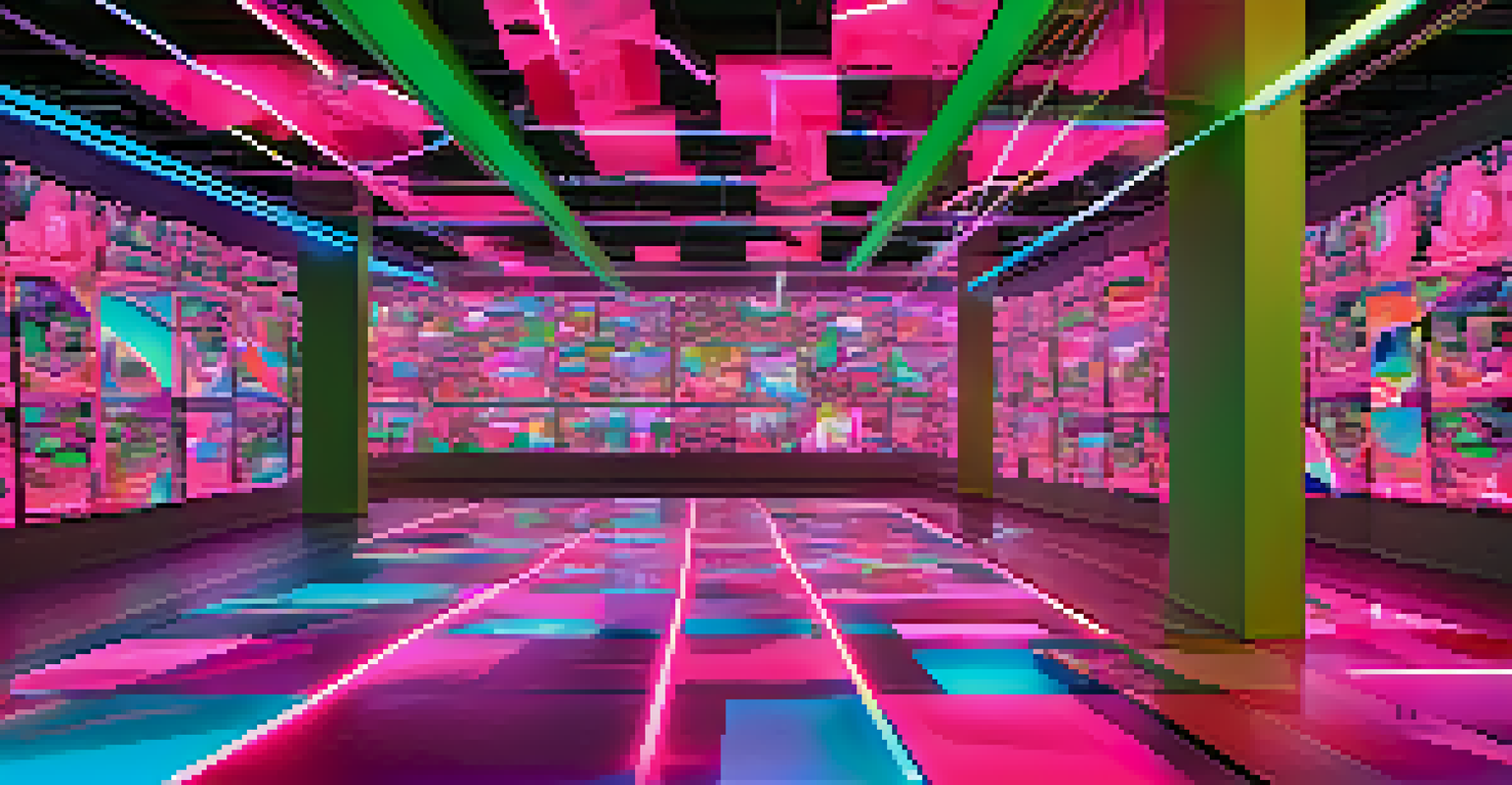An artistic representation of NFTs and digital twins in a vibrant digital landscape with colorful digital artworks.