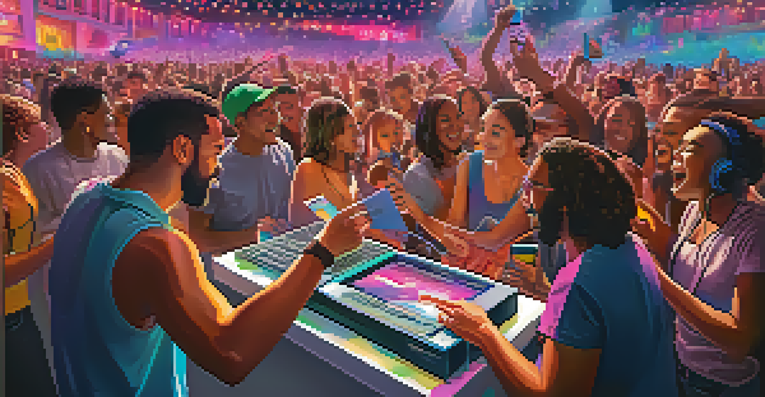 A lively concert scene featuring an artist on stage and fans showcasing their NFT tickets on digital devices.