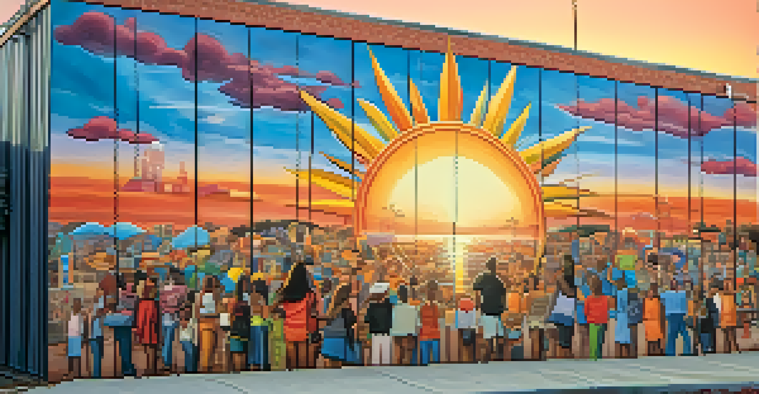 A collaborative mural showcasing different artistic styles, set against a sunset in an urban environment.