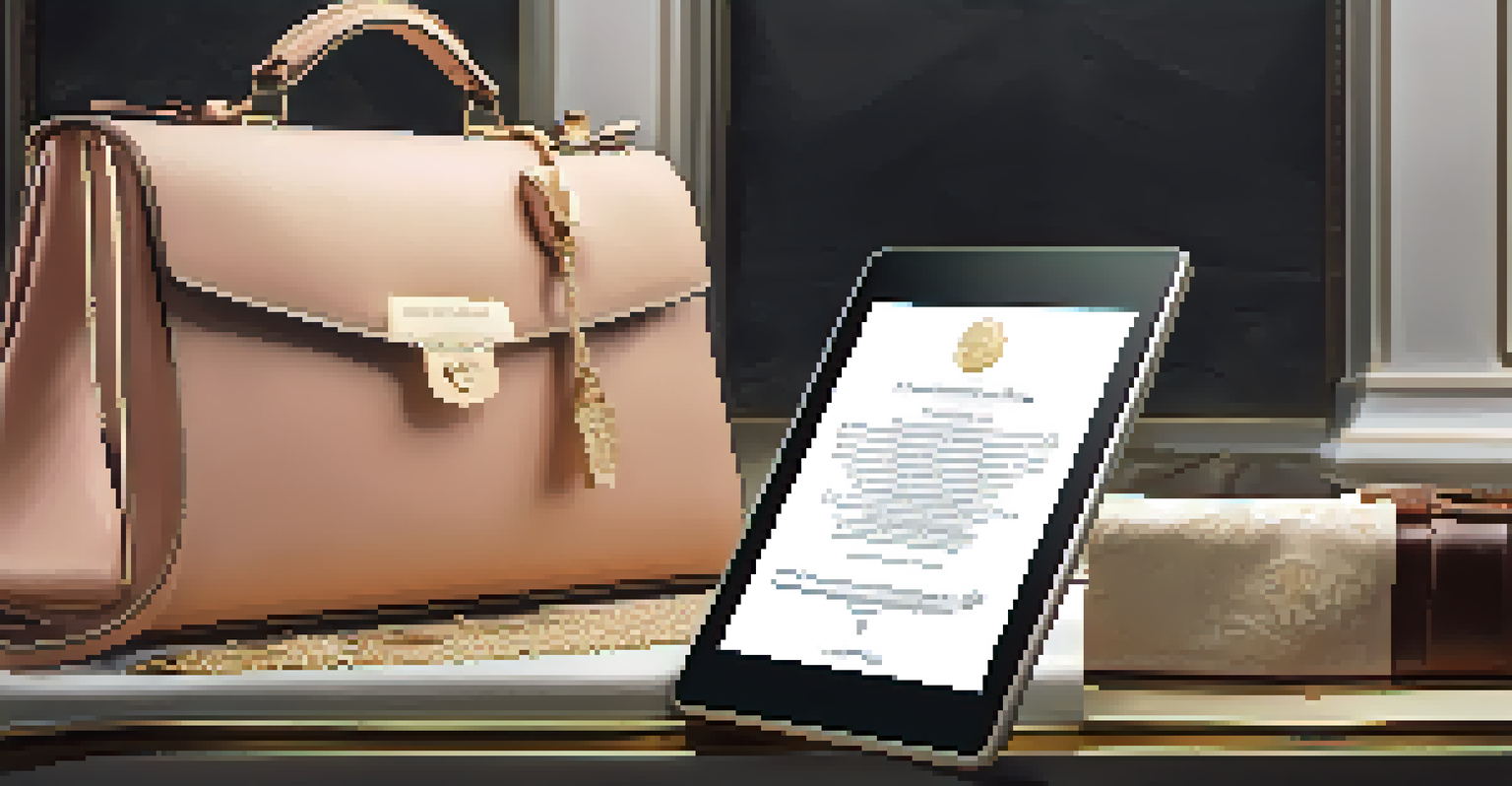 A luxury handbag with an NFT digital certificate displayed on a tablet, highlighting its authenticity.