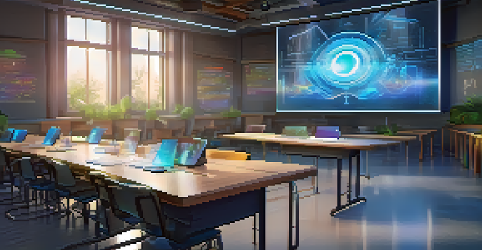 A digital diploma on a virtual screen in a modern classroom, glowing softly with holographic elements.