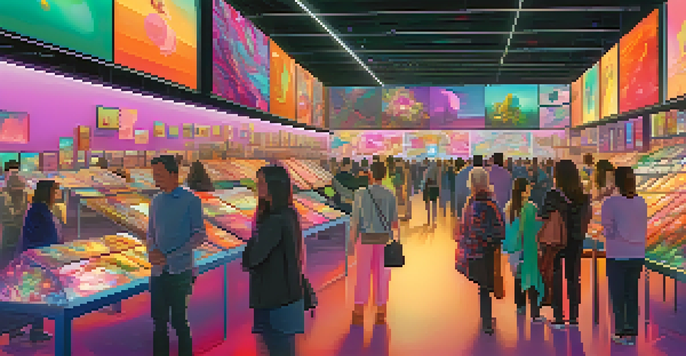 A lively digital art marketplace with people looking at colorful NFTs on virtual screens.