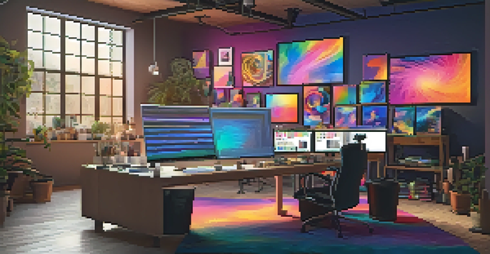 A lively digital art studio with colorful canvases and tools in a warmly lit environment.
